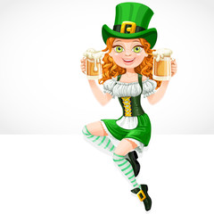 Cute red-haired girl leprechaun sitting on the banner white and