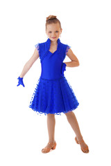 Happy little girl in blue dancing dress