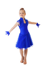 Happy little girl in blue dancing dress