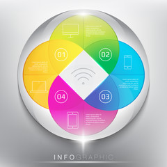 Abstract info graphic with circle elements. Colorful and glossy on the white panel. Wireless technology. 4 parts concept. Vector illustration. Eps 10.