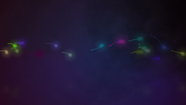 Sperm swimming toward the uterus animation - 1080p. Colorful spermatozoides or tadpoles travelling through a smokey blue background - FullHD