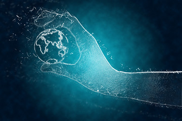Illustration of the hand holding the planet the earth, made of ice on a turquoise background