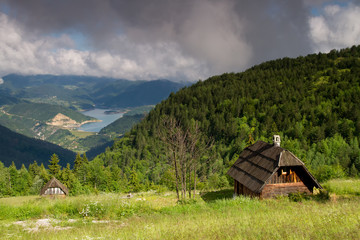 Traditional wooden house in Mokra Gora and Zaovinsko lake