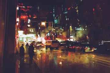 Fototapete painting of night street with colorful lights © grandfailure