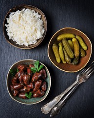 heart chicken stew in white wine, soy sauce, garlic, chili and parsley