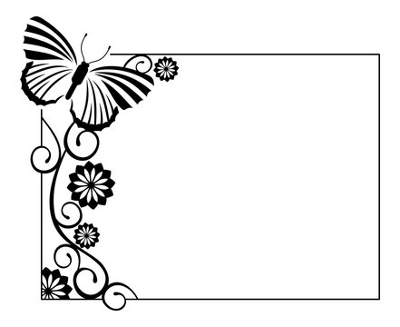 Horizontal black and white frame with butterflies