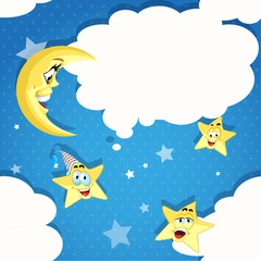 Seamless pattern of cartoon stars, moon and clouds