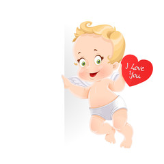 Cute cupid with valentine card holding a large vertical banner i