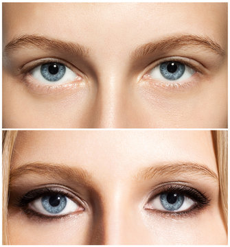 Close-up of a woman's eye make-up before and after