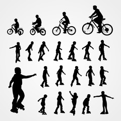 Big set vector silhouette of roller skating and bicyclist