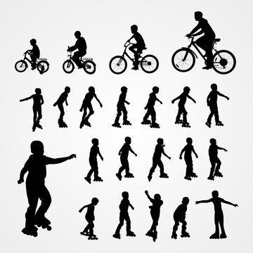 Big set vector silhouette of roller skating and bicyclist