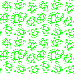 Neon green white doodle alien frog seamless pattern background texture
