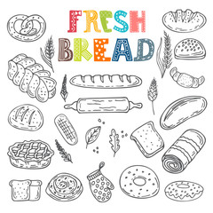 Vector collection of fresh bread. Hand drawn sketch style bakery