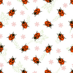 seamless pattern with ladybug and plants on white background