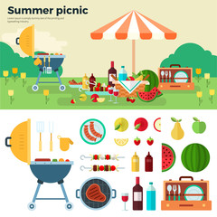 Summer Picnic on Meadow under Umbrella