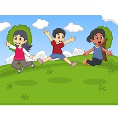 Kids playing at th park jumping and laughing cartoon vector illustration