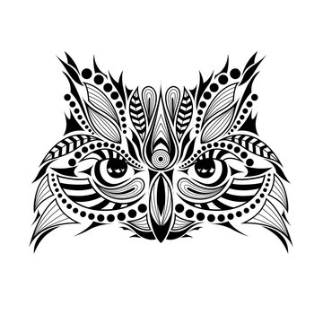 Patterned  head of the owl. African / indian / totem / tattoo design. It may be used for design of a t-shirt, bag, postcard and poster.