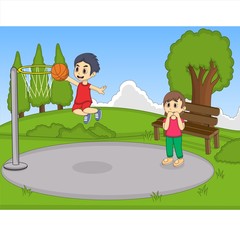 Obraz na płótnie Canvas Kids playing basketball in the park cartoon