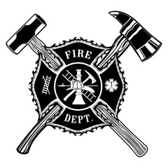 Naklejka premium Firefighter Cross Ax and Sledge Hammer is an illustration of a firefighter or fireman Maltese cross with a crossed ax and a sledge hammer.