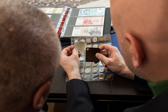Two numismatists examines  collection of coin