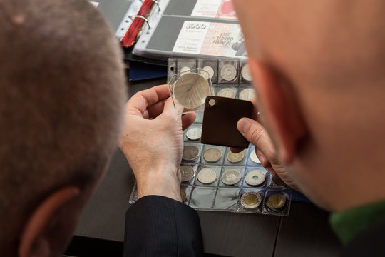Two numismatists examines  collection of coin