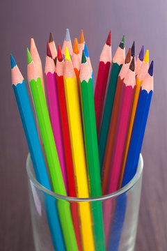 Cup with colorful pencils, closeup