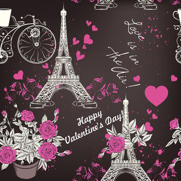 Beautiful seamless vector wallpaper pattern with Eifel tower and