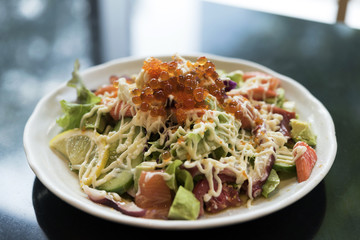 Salmon egg salad on plate