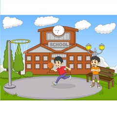 Kids playing basketball on the school cartoon vector illustration