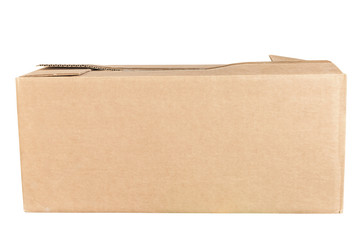 Opened cardboard box isolated on white background.