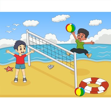Children playing volleyball on the beach cartoon vector illustration