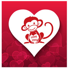 Vector illustration of a monkey with a heart is saying "love you" Valentines card with cartoon character.