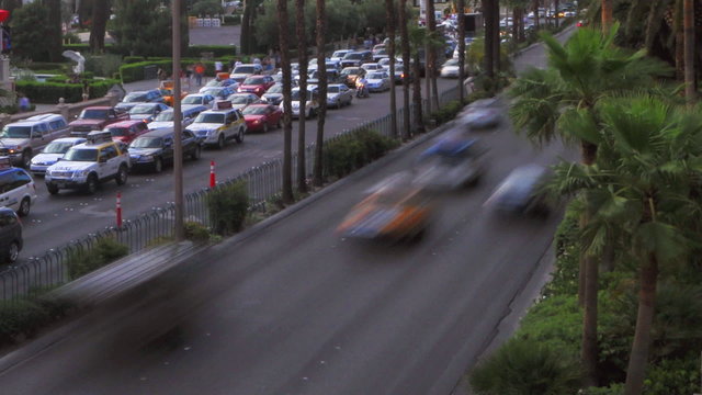 Static view of sped up traffic on Las Vegas Boulevard.