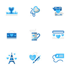 Romantic adventures blue flat vector icons