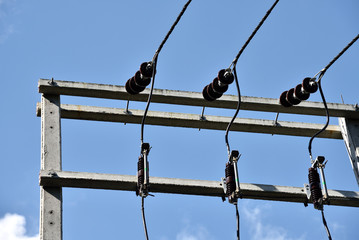 Obraz premium Power transformer on ceramic and porcelain insulators wire line