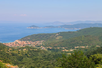 Fototapeta na wymiar Coast of Tyrrhenian Sea on Elba Island, Italy. Panorama of Marci