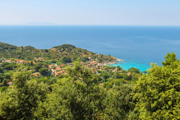 Fototapeta na wymiar Coast of Tyrrhenian Sea on Elba Island, Italy. View to San Andre