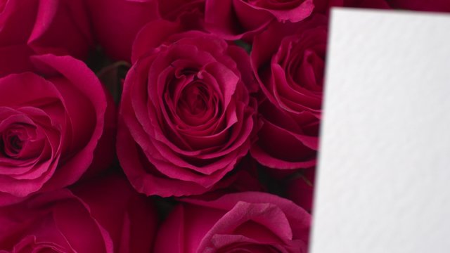 greeting card with a red rose and space for text on a wooden background. 4k