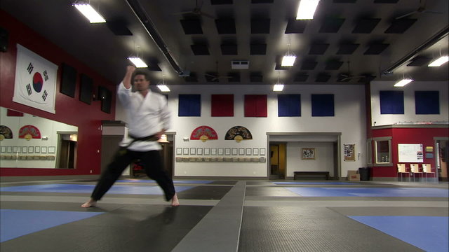 Martial arts instructor performing Tae Kwon Do.