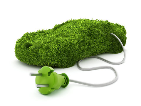 Green Car Covered With Grass Texture Connected To The Electric Plug