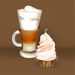 tall glass cup of cappuccino with whipped cream made layers, isolated illustrations, latte, cakes and pastries