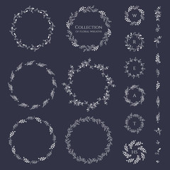 Set of floral wreaths frames and monograms.  Stylized twigs, feathers.