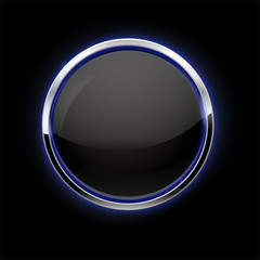 Black Button with chrome elements. Glass button with blue glow. 