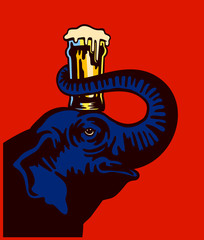 Naklejka premium Cartoon elephant holding beer glass pint on head with trunk vector illustration