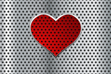 Metal background. Red heart on perforated steel background. 