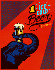 Elephant holding ice cold beer pint glass on its head with trunk. One ice cold beer, please! Pub poster design