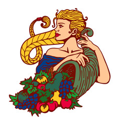 Girl with blond hair in plait holding cornucopia horn of plenty full of fruits and vegetables, autumn season harvest and fertility concept vector illustration