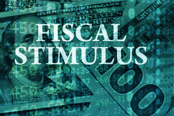 Words Fiscal stimulus  with the financial data on the background. 