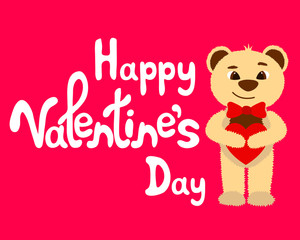 Fototapeta na wymiar Happy Valentine's Day. Bright postcard. Cartoon Bear holding a heart