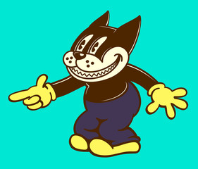Vintage toons: retro cartoon cat character smiling and pointing finger, classic toon style